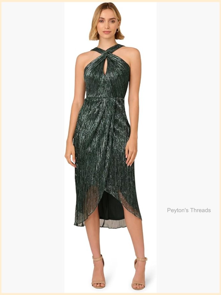 Halter Crinkle Metallic Midi Cocktail Dress With Keyhole Neckline